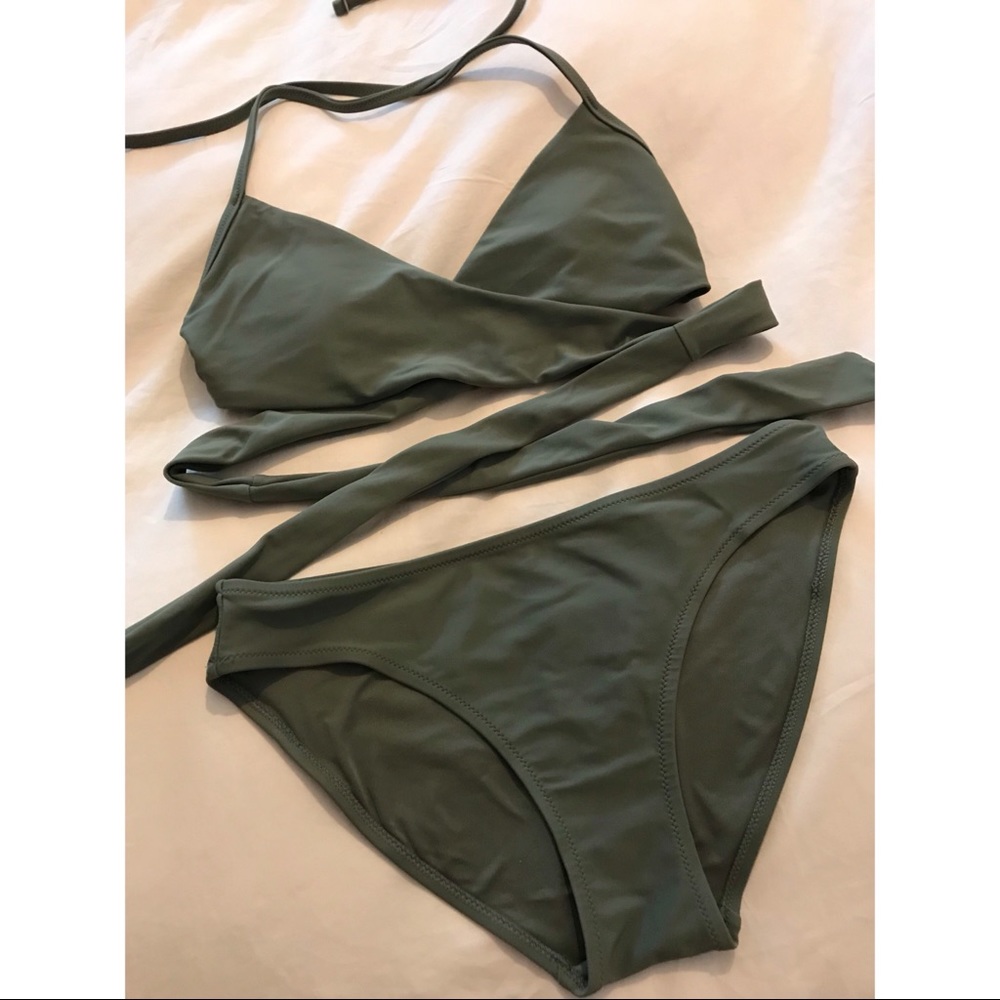 Aerie Wrap Halter Bikini Set in Olive (Small)